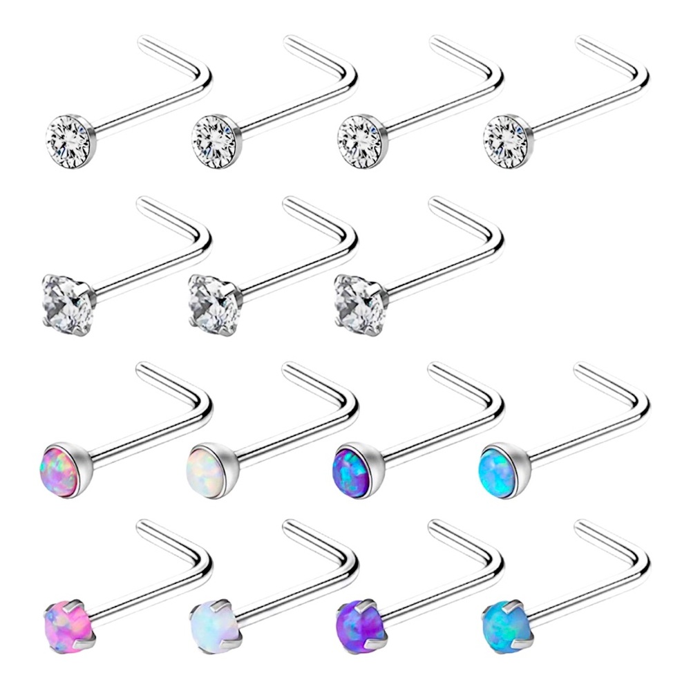 Ruifan 18G Surgical Steel 2.5mm MixColor Jeweled Opal & CZ Nose Rings (15 pcs)